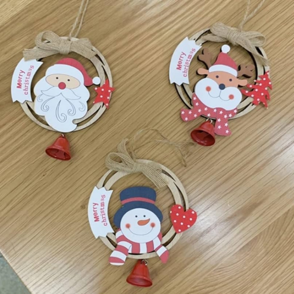 Bells Christmas Wooden Ornaments Tree Hanging Santa Claus Reindeer Snowm…